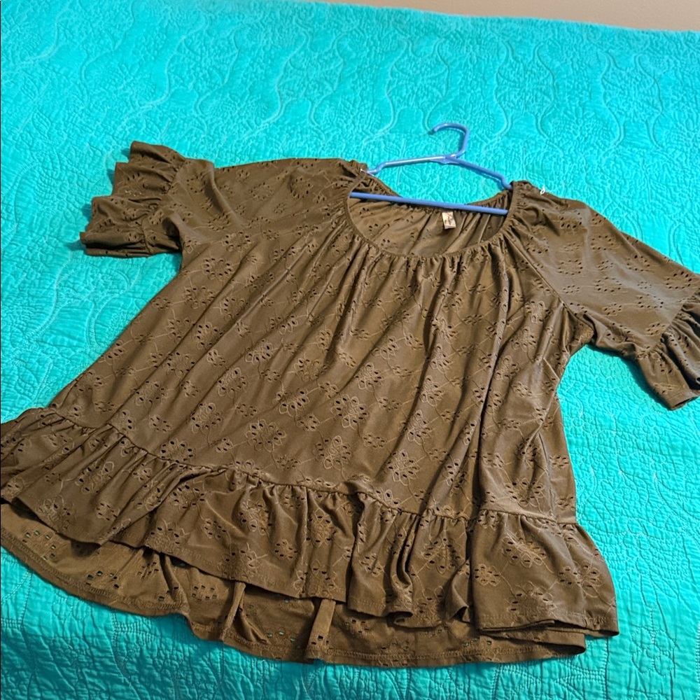 Perseption Khaki Eyelet Ruffle Blouse